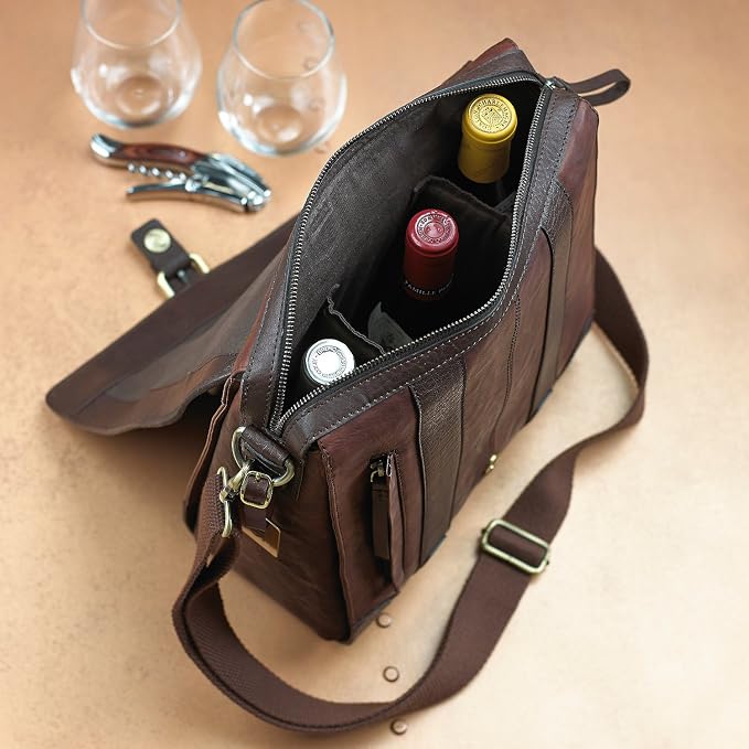 Wine Enthusiast 3-Bottle Leather Wine Tote Bag | Handcrafted Leather Wine - Image 2