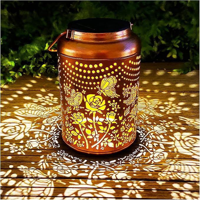 Solar Butterfly Rose Lantern Outdoor Decor, Waterproof Hanging Metal Garden by Merrytech