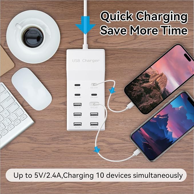 USB Charging Station, 10 Ports Family-Sized USB C Charger Block, USB Power Strip - Image 2