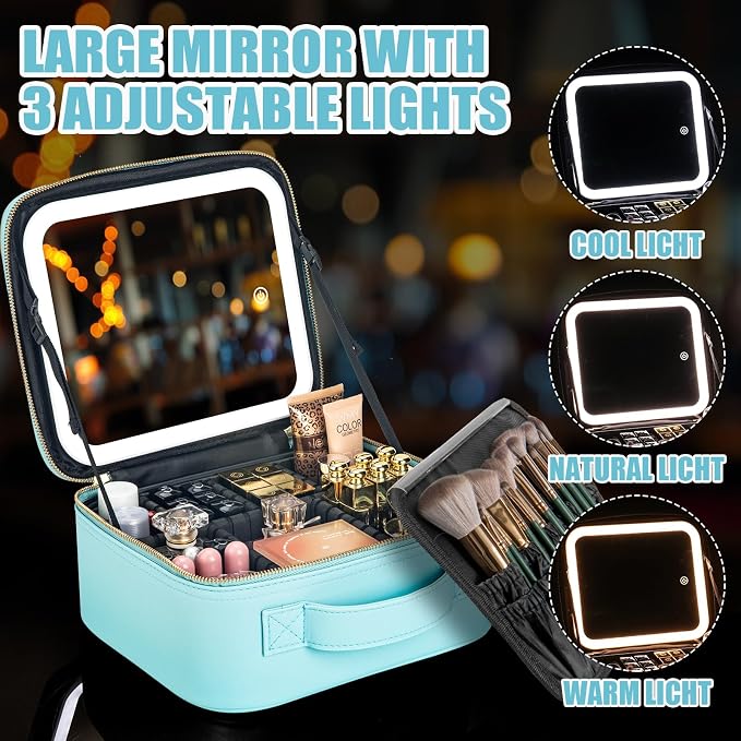 Makeup Travel Train Case with Mirror LED Light 3 Adjustable Brightness Large - Image 4