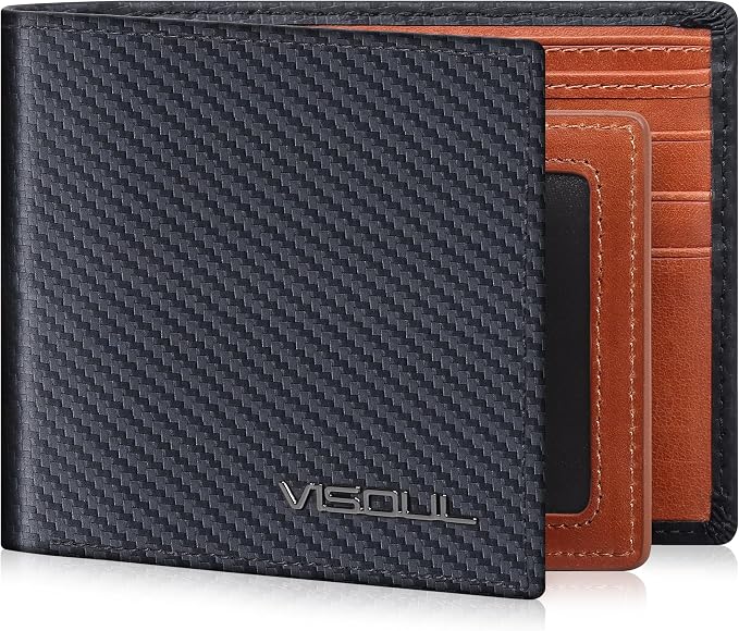 VISOUL Mens Bifold Wallet with 2 ID Windows Carbon Fiber Leather, RFID Blocking by VISOUL