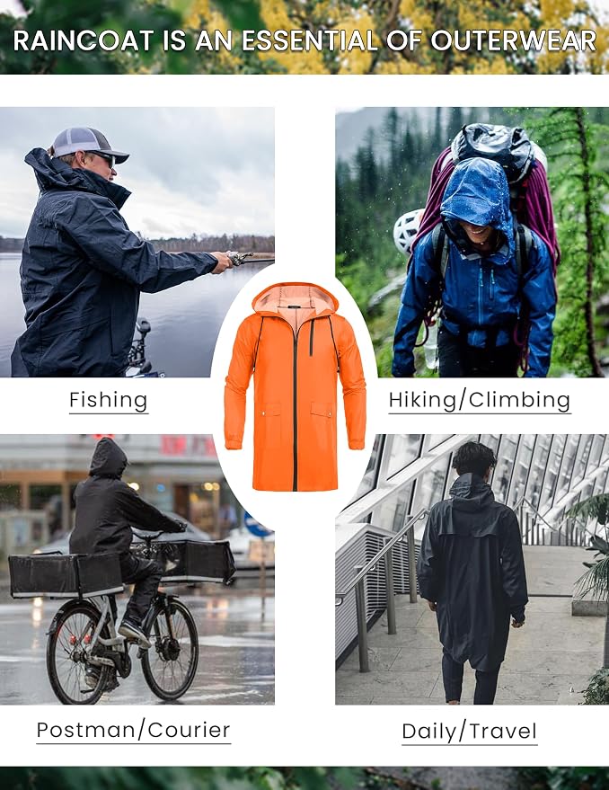 COOFANDY Men's Long Raincoat Ligtweight Rain Jacket Waterproof Outdoor Jackets - Image 4