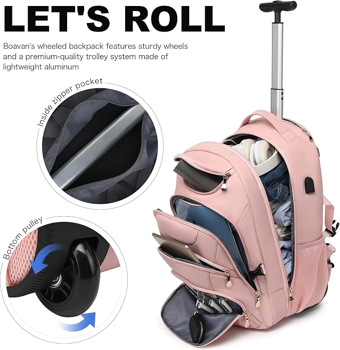 Boavan Rolling Backpack for Women, 17.3 Inch Wheeled Laptop Backpack, Large - Image 7