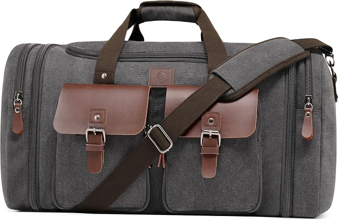 Canvas Duffle Bag for Men 50L Travel Duffel Bags Expandable Genuine Leather by DensataTravelBag