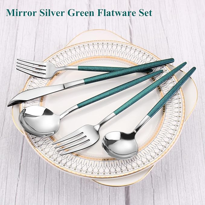 Mirror Silver Green Silverware Set, 20-Piece Stainless Steel Flatware Set - Image 3