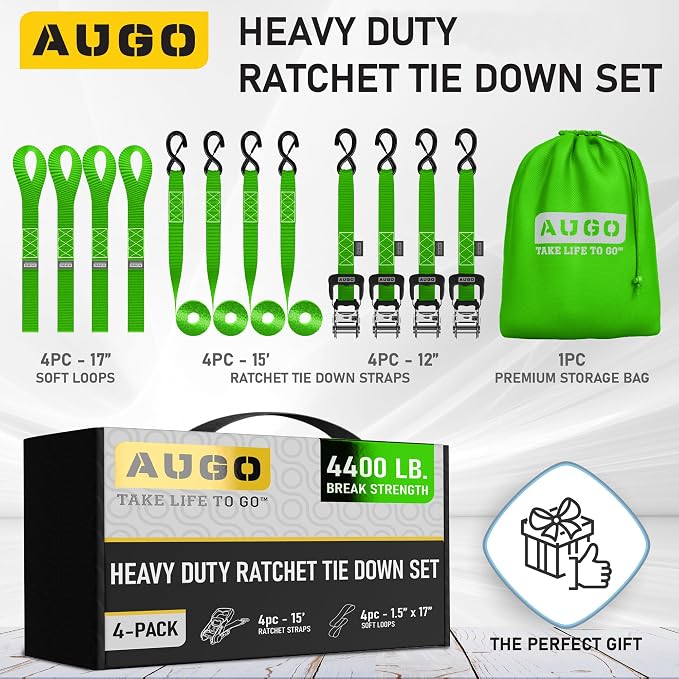 AUGO Heavy Duty Ratchet Straps & Soft Loops – Pack of 4 Extra Strong 1.5” by - Image 4