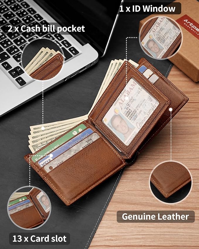 Mens Wallet Genuine Leather Bifold RFID Blocking Wallet - Image 5