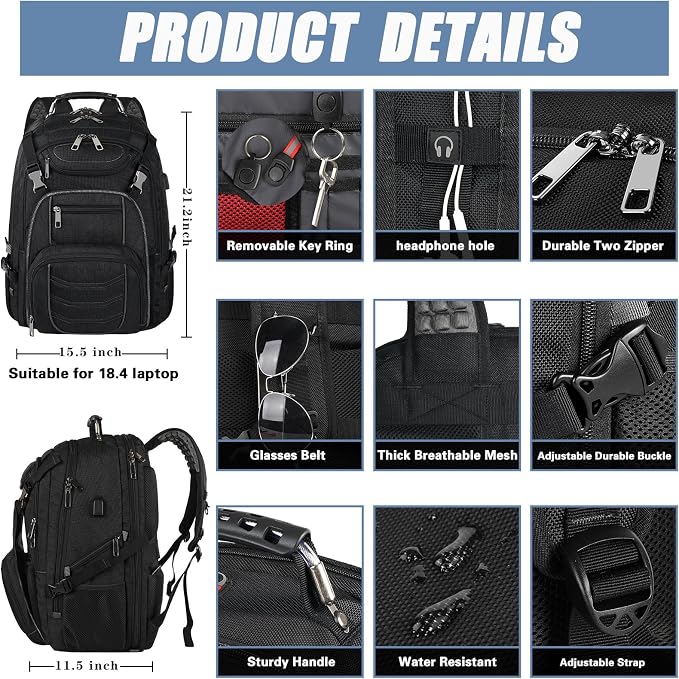 18.4 Laptop Backpack for Men, 60L Extra Large Gaming Laptops Backpack - Image 2