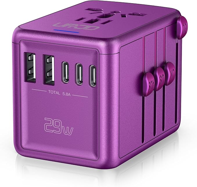 Universal Travel Adapter Offers 5.8A 3X 3.0A USB-C Ports, 2X 2.4A USB-A Ports by URJD