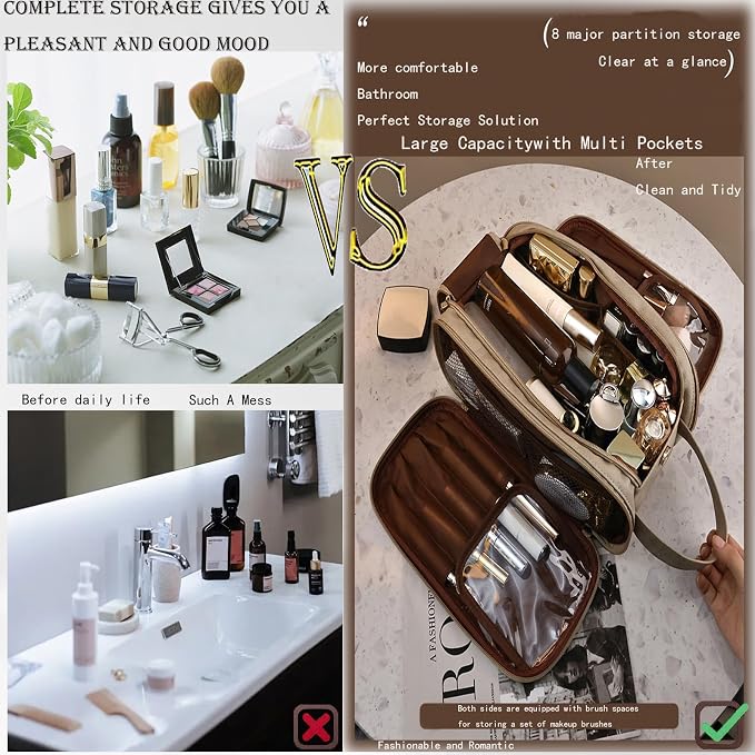 Travel Toiletry Bag for Women PU Leather Triple-layer Double Zipper Toiletry - Image 5