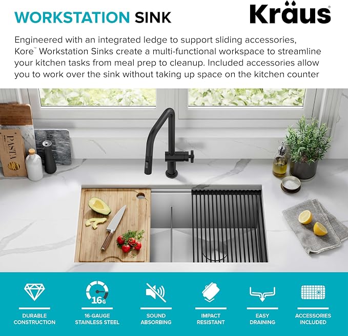 KRAUS Kore 33-Inch Undermount Workstation 16 Gauge Double Bowl Stainless Steel - Image 3