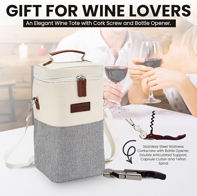 Insulated Wine Bag Cooler – Beige and Gray, Holds 4 Bottles, Wine Opener - Image 6