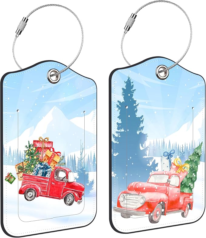 2 PCS Leather Luggage Tags for Suitcase Red Pickup Christmas Tree and Gifts by Unknown