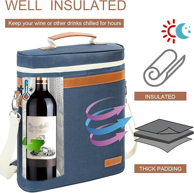 ZORMY 3 Bottle Insulated Wine Tote Cooler Bag, Portable Carrier - Image 2