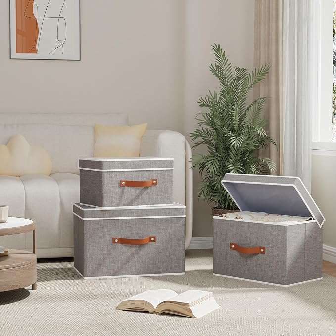 Collapsible Storage Bins with Lids, 5 Pack Linen Foldable Cloth Baskets - Image 3
