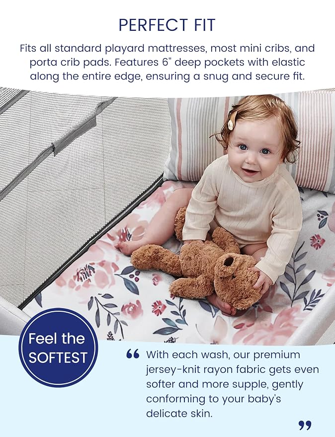 Graco Pack and Play Sheets Fitted, TotAha Buttery Soft Mini Crib Sheets Girl - Image 2