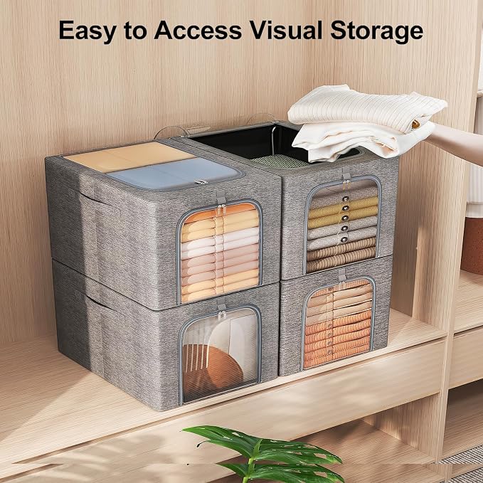 GoMaihe Clothes Storage Bins Metal Frame: 3-Pack Compact Stackable Closet - Image 5