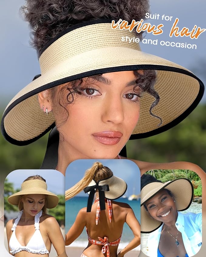 Camptrace Sun Visors for Women Wide Brim Beach Hat Foldable Straw Visor Hat - Image 3