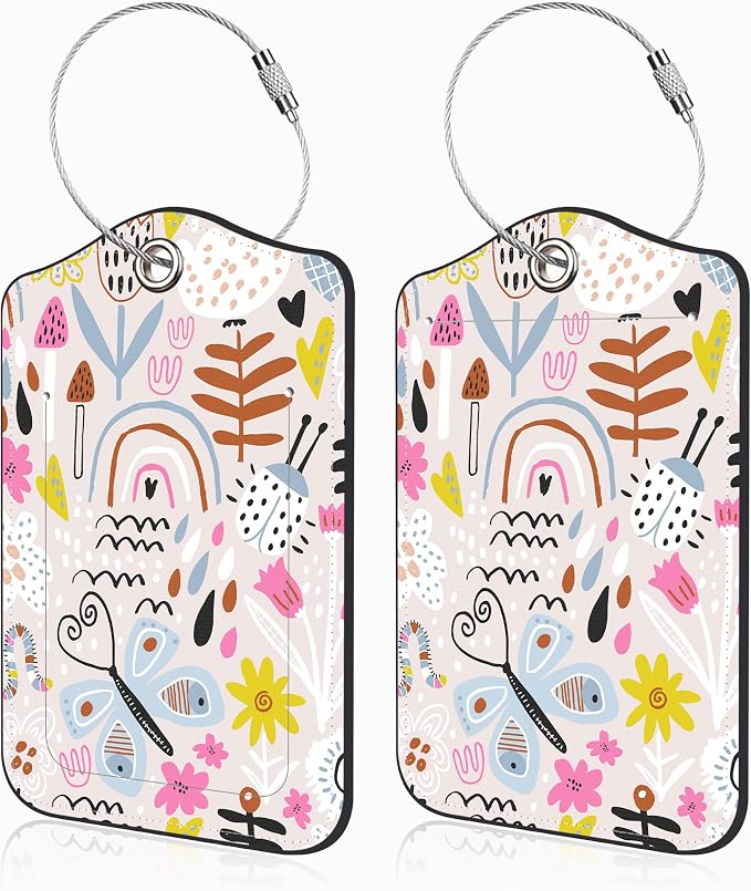 2 Pack Luggage Tags for Suitcases Rainbow Butterfly Mushroom Flower Leather by Unknown