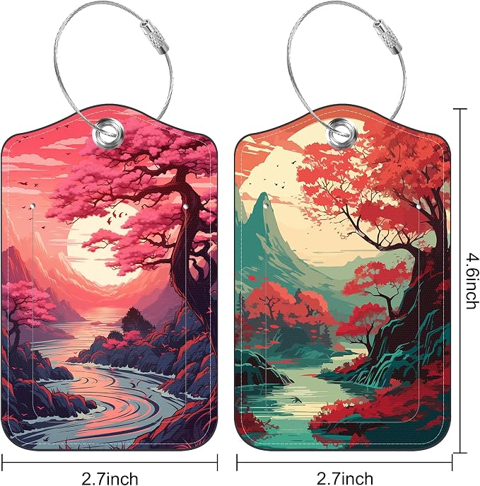 2 Pack Luggage Tag for Suitcase Japanese Sakura Tree Mountains Sunset Leather - Image 2