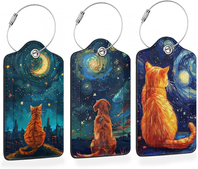 Starry Night Orange Cat 3 Pack PU Leahter Luggage Tag by Losthll