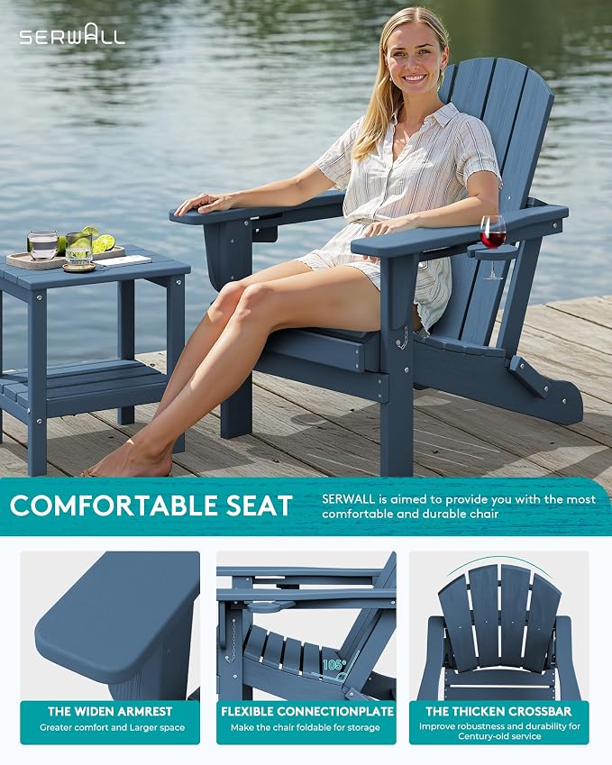 SERWALL Folding Adirondack Chair, Dual Cup Holders & All-Weather HDPE, - Image 7
