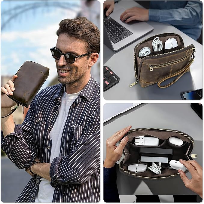 Electronic Organizer Zipper Bag Tech Pouch, Top Grain Leather Handmade - Image 3