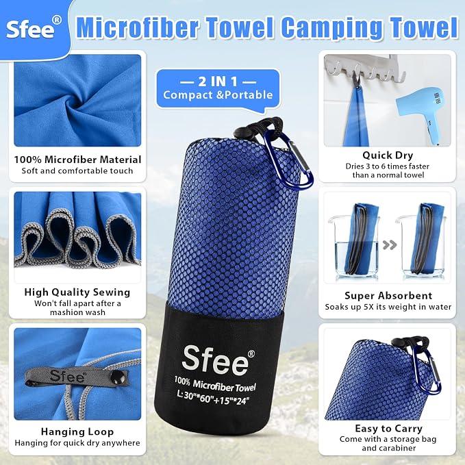 Sfee 2 Pack Microfiber Travel Towel, Quick Dry Camping Towel Super Absorbent - Image 2