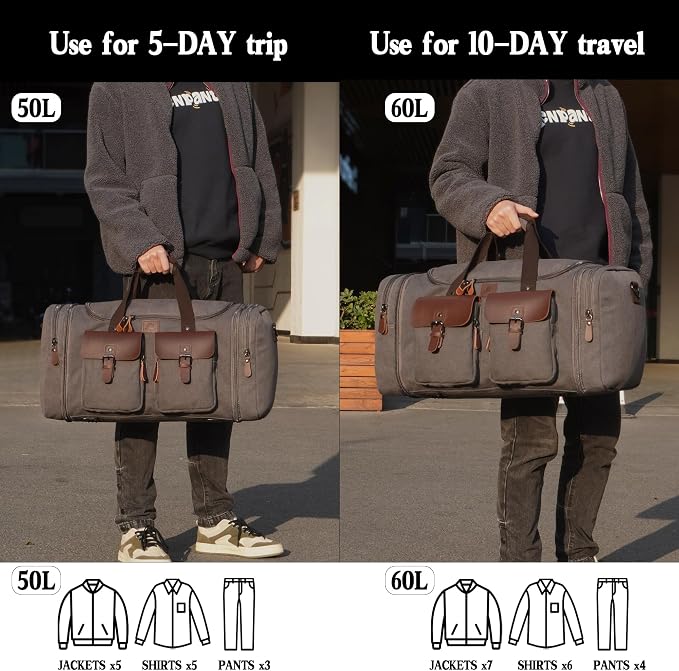 Canvas Duffle Bag for Men 50L Travel Duffel Bags Expandable Genuine Leather - Image 6