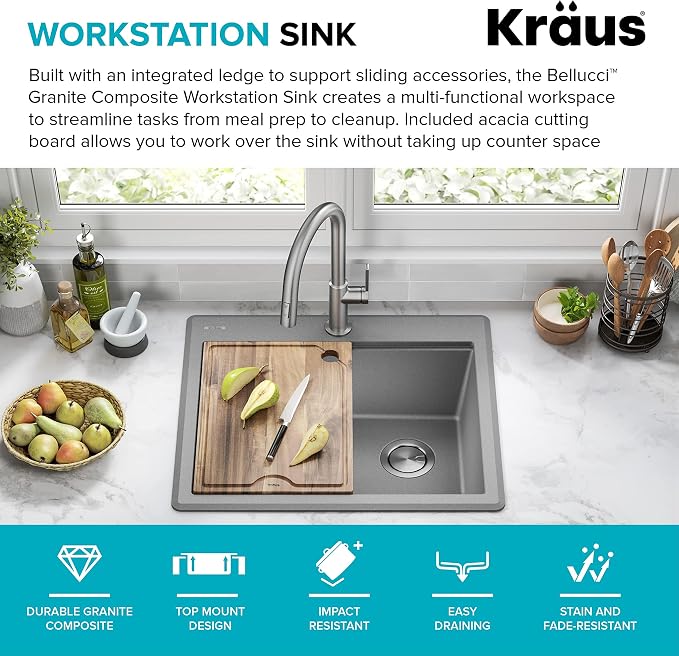 KRAUS Bellucci 25-inch Granite Workstation Drop In Top Mount Single Bowl - Image 3