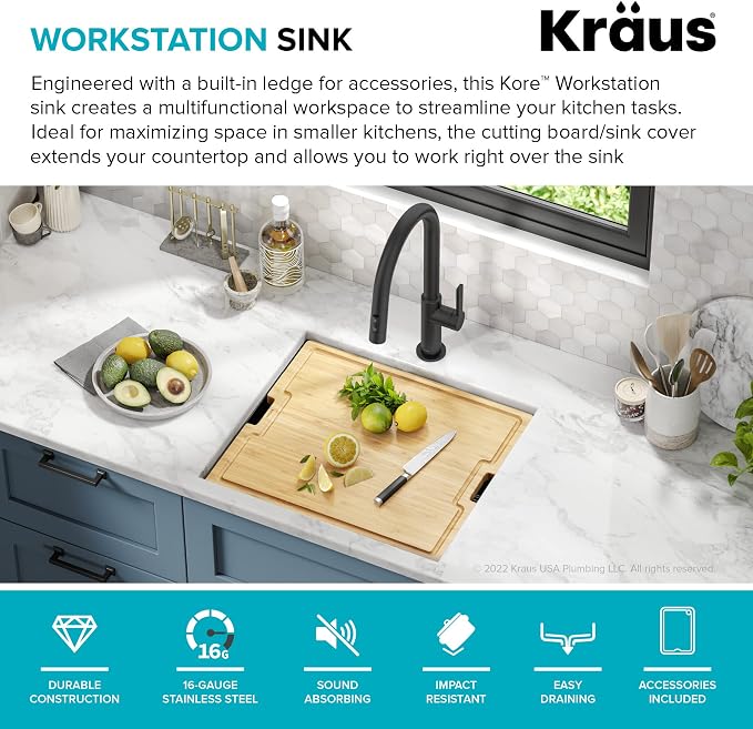 KRAUS Kore 21 Inch Undermount Workstation 16 Gauge Stainless Steel Single Bowl - Image 4