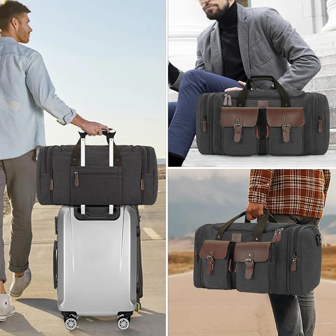 Canvas Duffle Bag for Men 60L Travel Duffel Bags Expandable Genuine Leather - Image 8