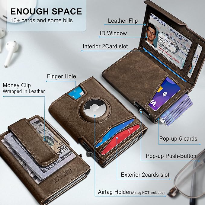 Airtag Wallet for Men, with Money Clip 10 Cards Metal Case Smart Slim Pop Up - Image 2