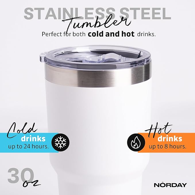 NORDAY | Tumbler with Lid - 30oz - White Insulated Tumbler - Stainless Steel - Image 3
