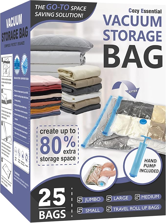 25 Pack Vacuum Storage Bags, Space Saver Vacuum Storage Bags, Vacuum Seal Bags by CozyEssential
