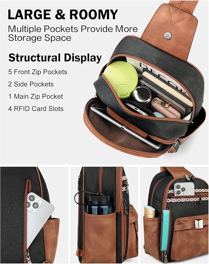FADEON Large Sling Bag for Women, Leather Crossbody Purse Designer Anti Theft - Image 6