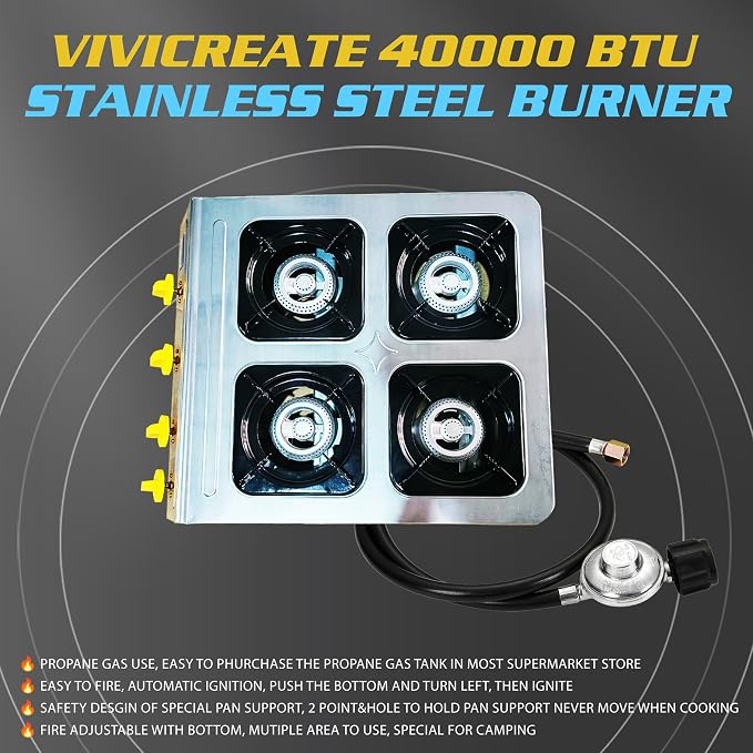 Vivicreate 4 Burner Propane Gas Stove 40000 BTU Stainless Steel Cooktop - Image 6