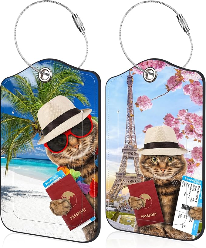 2 Pack Luggage Tag for Suitcase Funny Cat Passport Leather Travel Cruise by Unknown