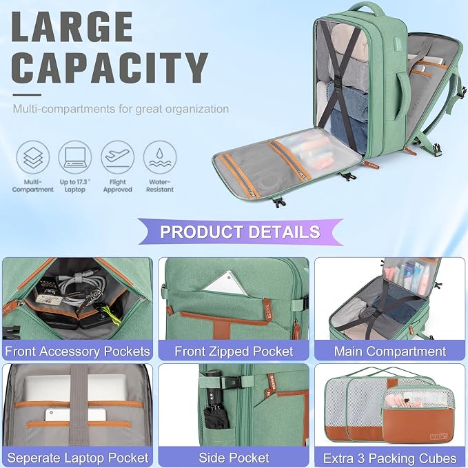 42L Travel Laptop Backpack, Expandable Carry-on Luggage, Anti-Theft Business - Image 3