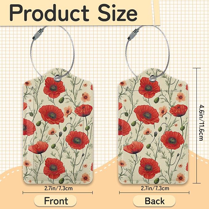 3 PCS Red Poppy Flower Luggage Tags, Suitcase Tags Privacy Cover ID Label - Image 3