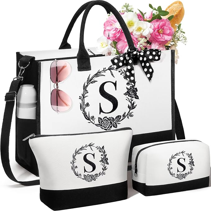 Personalized Christmas Gifts for Women, Initial Canvas Tote Bag & Makeup Bag by Unknown