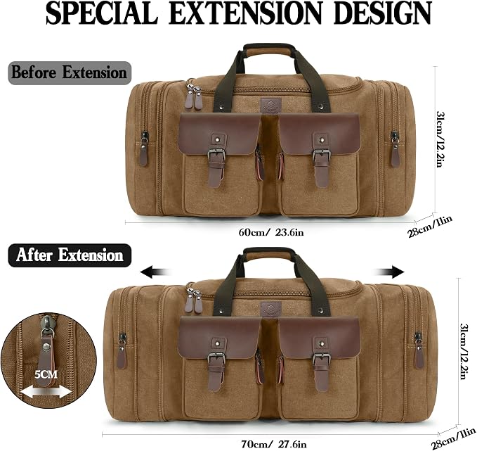 Canvas Duffle Bag for Men 60L Travel Duffel Bags Expandable Genuine Leather - Image 2