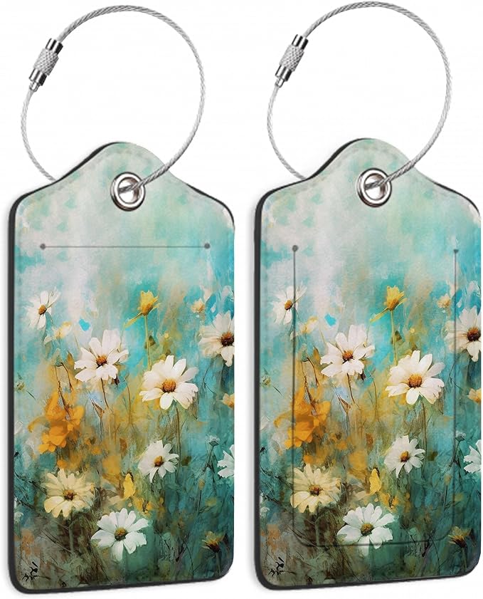 2 Pack Luggage Tag for Suitcase, Vintage Wild Flowers Leather Bag Tags by TXIANT