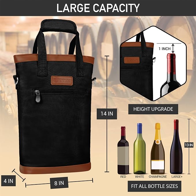 opux Two Bottle Wine Bag Carrier Tote, Insulated Leakproof 2 Bottle Wine Cooler - Image 4