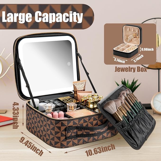 Makeup Travel Train Case with Mirror LED Light 3 Adjustable Brightness Large - Image 3