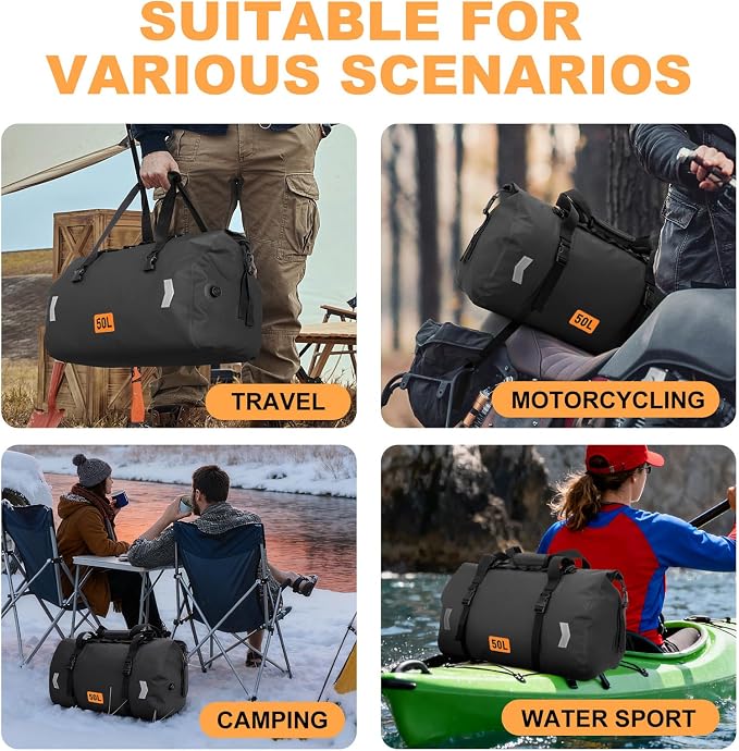 Waterproof Duffel Bag, 50L Roll-top Motorcycle Dry Bag - Image 7