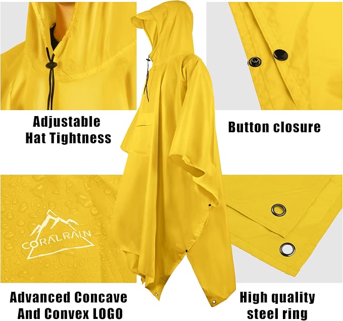 Coralrain Hooded Rain Poncho Lightweight Waterproof Unisex Raincoat Jacket - Image 3