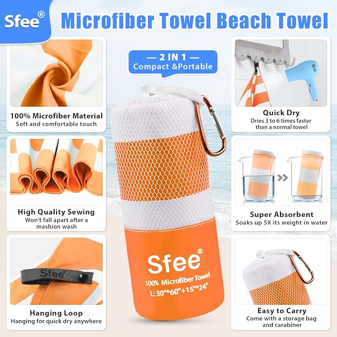 Sfee 2 in 1 Microfiber Travel Towel, Quick Dry Towel Camping Beach Towel Super - Image 3