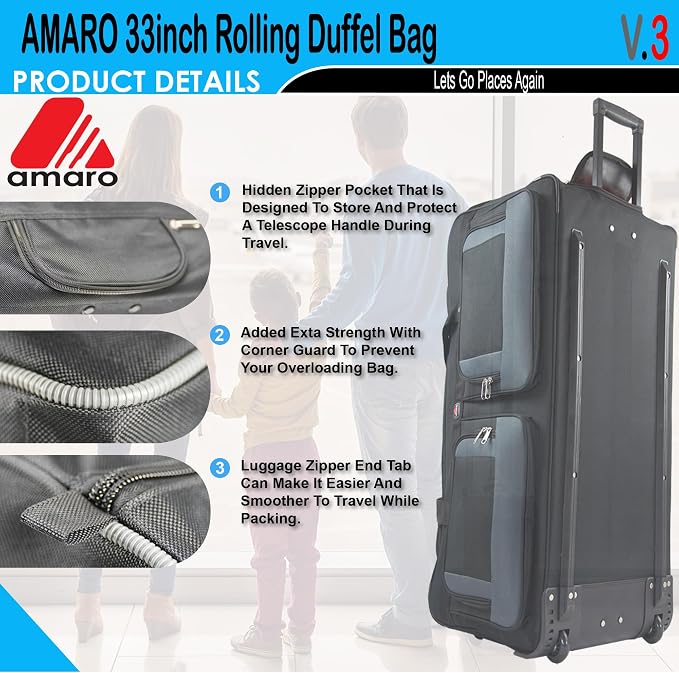33" Rolling Duffle Bag with Wheels and Handle - Image 2