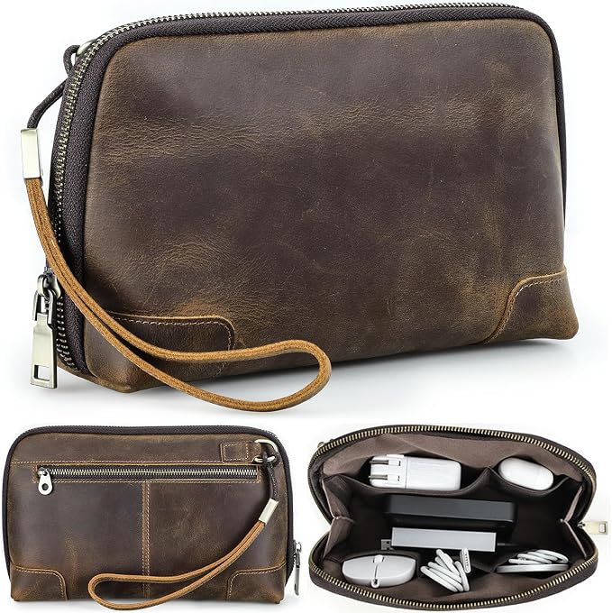 Electronic Organizer Zipper Bag Tech Pouch, Top Grain Leather Handmade by CataPurusLeatherCrafts